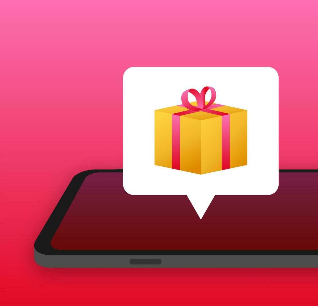 Enter to Win Prizes. Open Red Gift Box and Confetti on smartphone screen. Win Prize. Vector stock Illustration