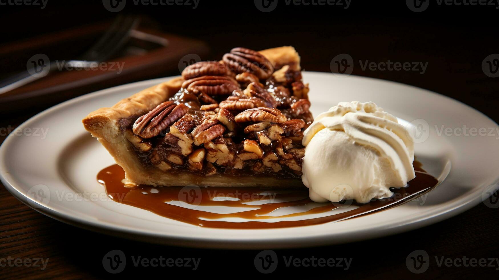 Photo of Pecan Pie as a dish in a high-end restaurant. Generative AI