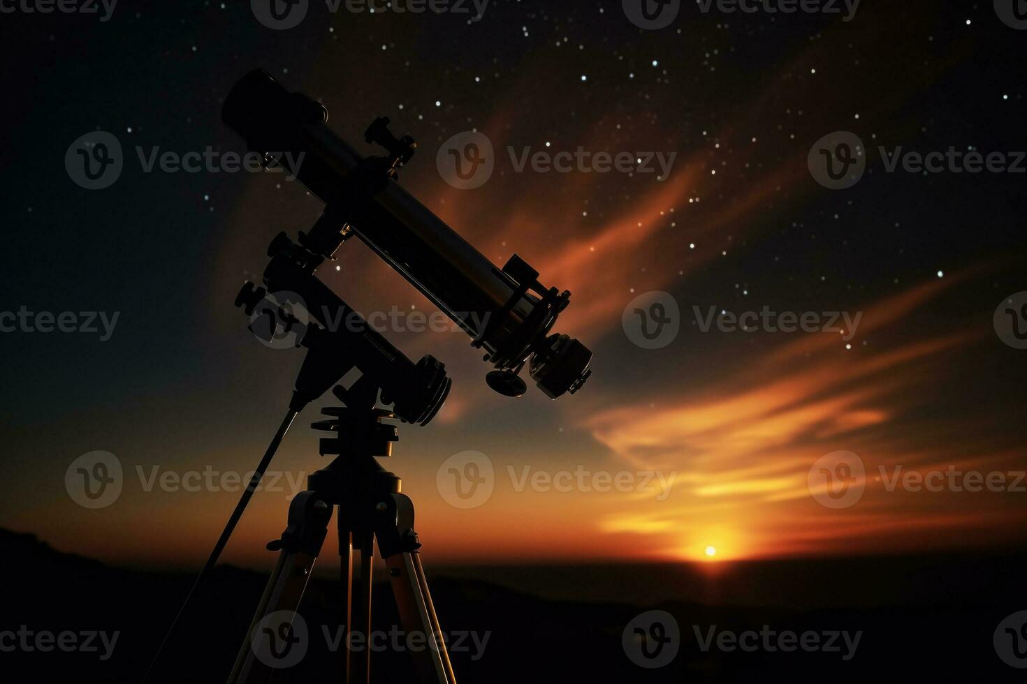 Telescope silhouette against night sky background. Generative AI photo