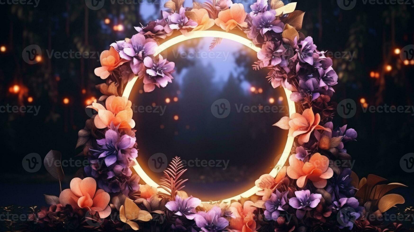 Neon frame and flowers background. Generative AI photo
