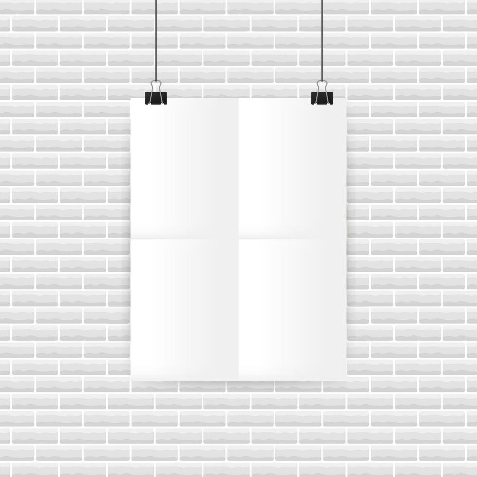 White posters hanging on binder. Grey wall with mock up empty paper blank. Vector illustration.