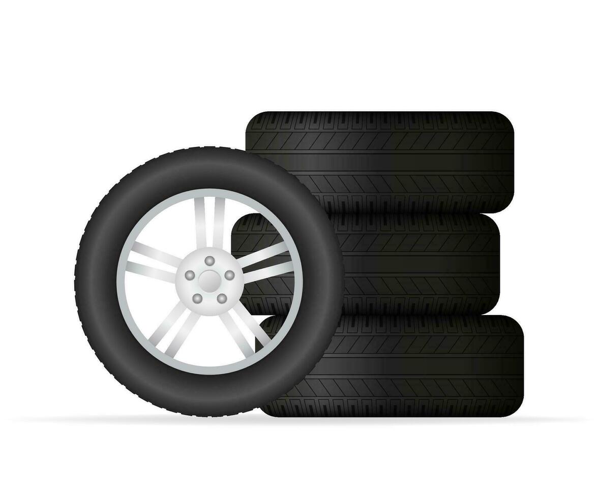 Realistic shining disk car wheel tyre set. Vector illustration.