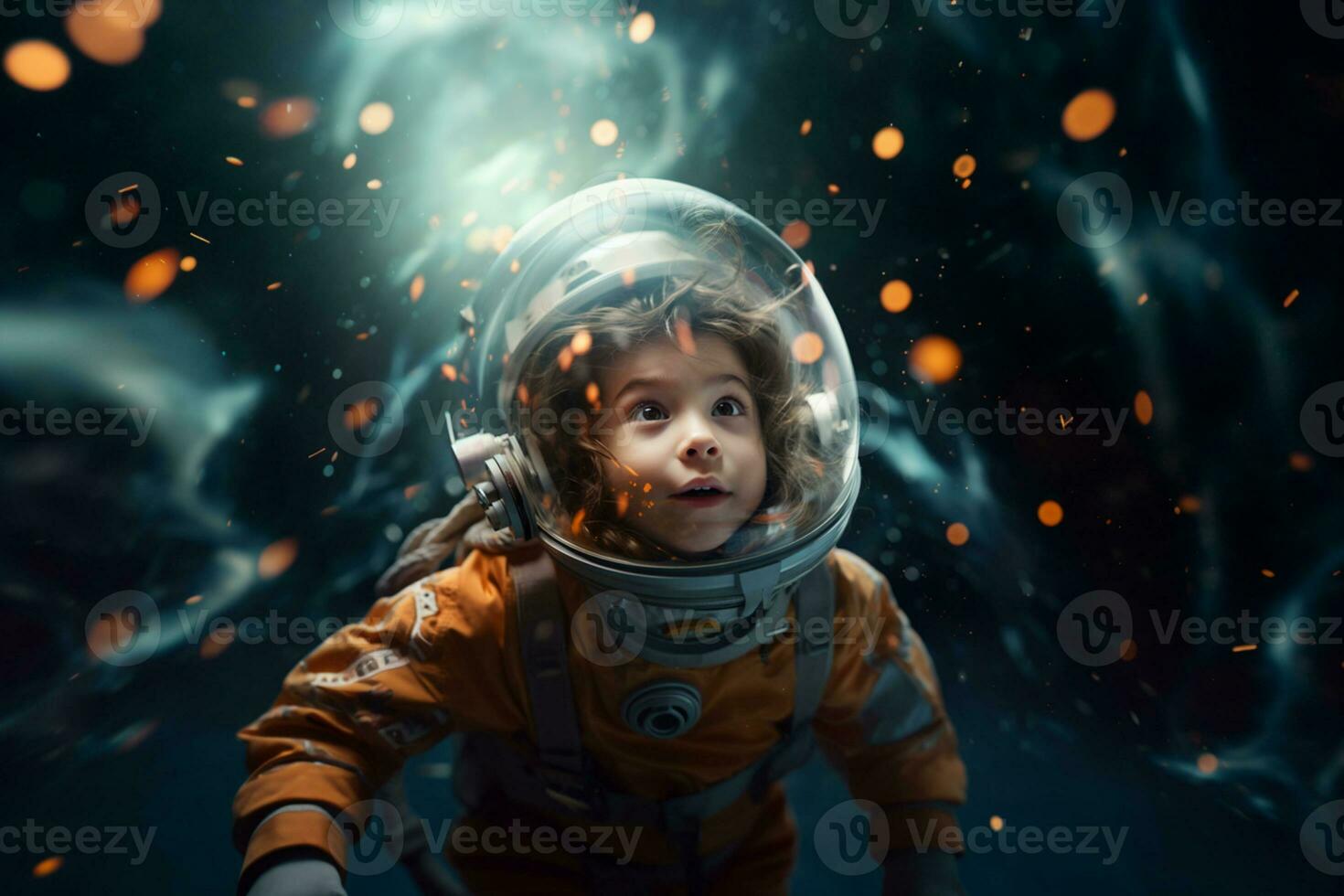 Space adventure with little astronaut child in spacesuit. photo