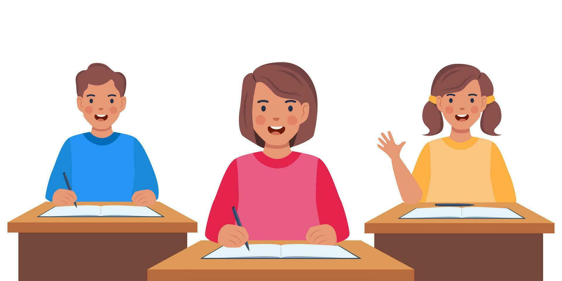 Primary school pupils sit at desk. Elementary education, children writing in copybook, raising hand to answer. Kids getting knowledge on lesson in class. Vector illustration.