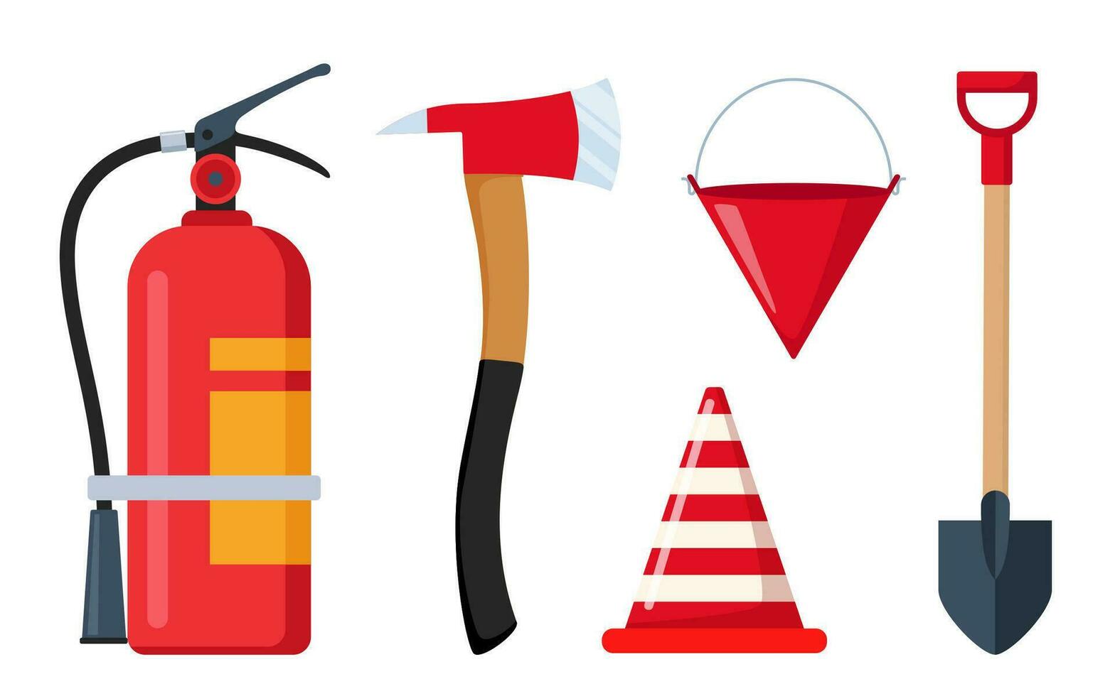 Firefighter emergency equipment set. Axe, hose, hydrant, extinguisher, safety traffic cone, spade fireman tools. Portable firefighter equipment for protection from flame spread. Vector illustration.