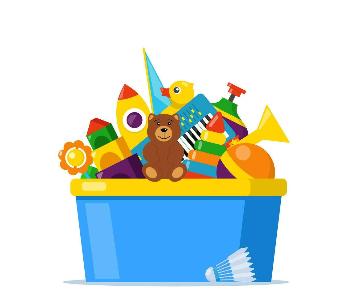 Kids toy box full of toys. Cubes, whirligig, duck, ball rattle, pyramid, pipe, bear, ball, rocket, tambourine, boat. Modern flat style vector illustration.