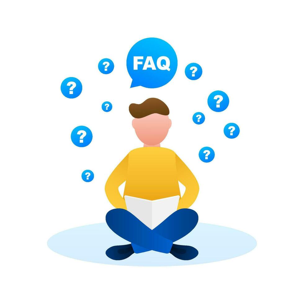 Frequently asked questions FAQ bubble and man. Speech bubble with text FAQ. Vector stock illustration
