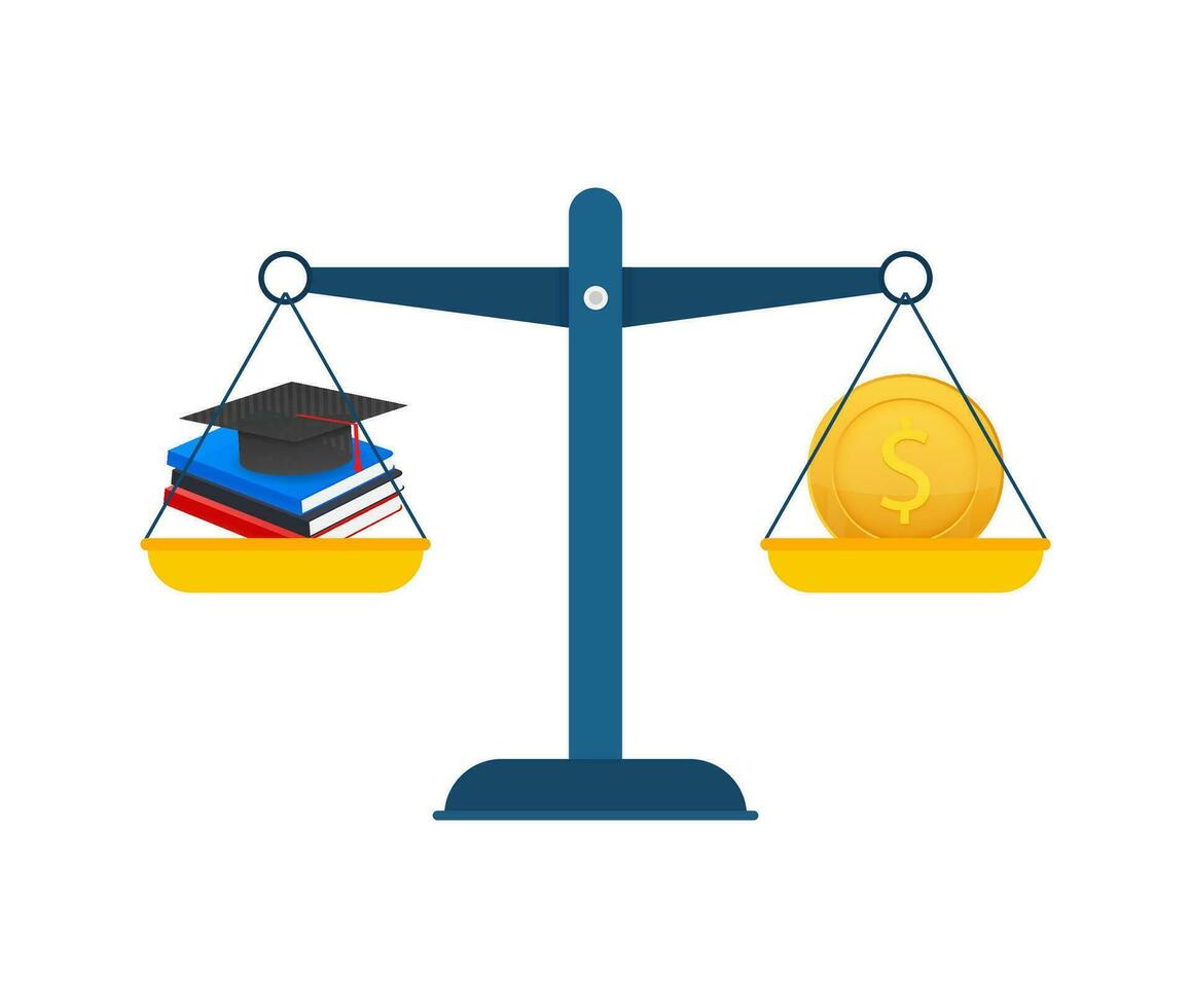 Concept of investment in education with coins books and scales. Vector stock illustration