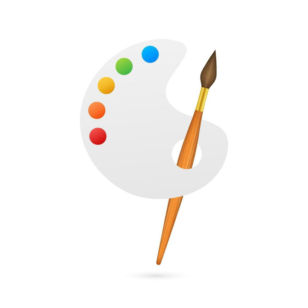 Cartoon paintbrush and palette of paints seven colors of rainbow. Vector stock illustration