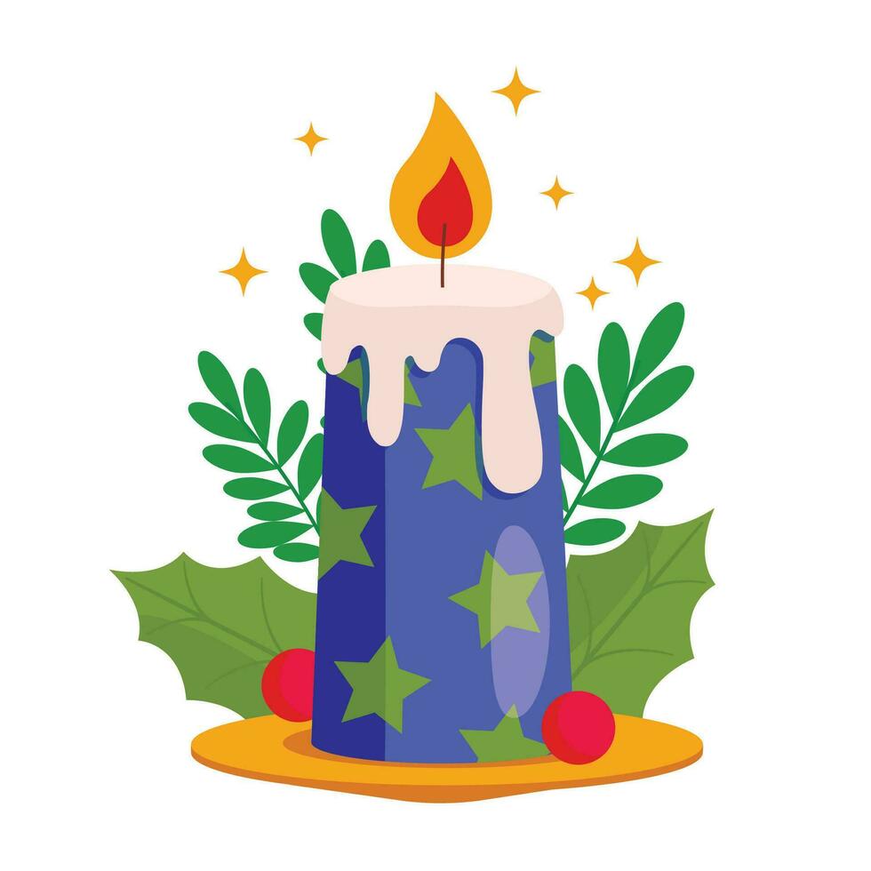Beautiful and bright Christmas candle is burning. There are plant decorations around. Vector graphic.