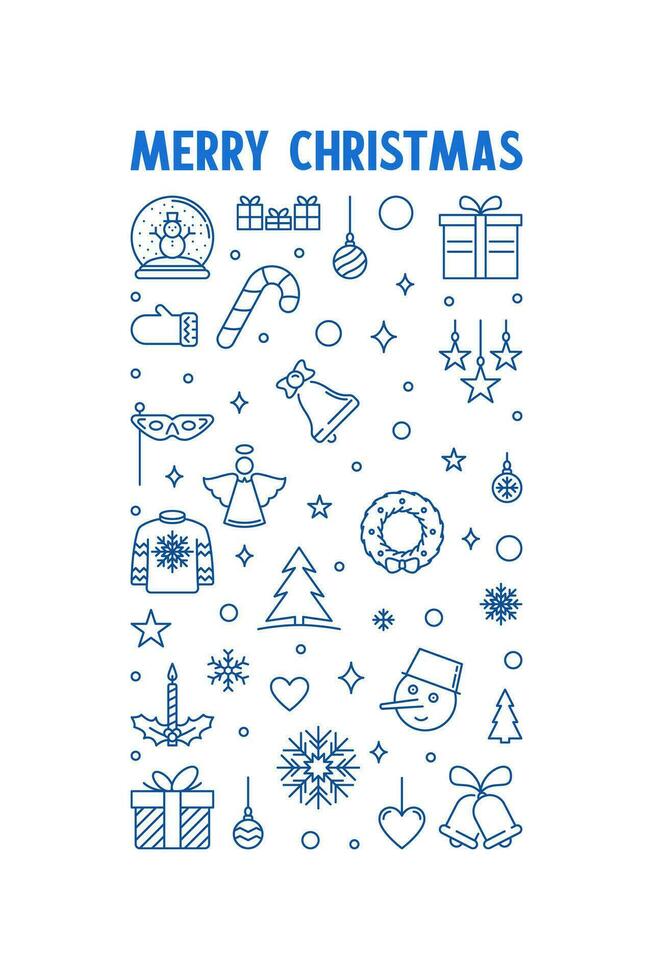 2024 Merry Christmas vertical blue outline poster or banner . Vector Xmas illustration