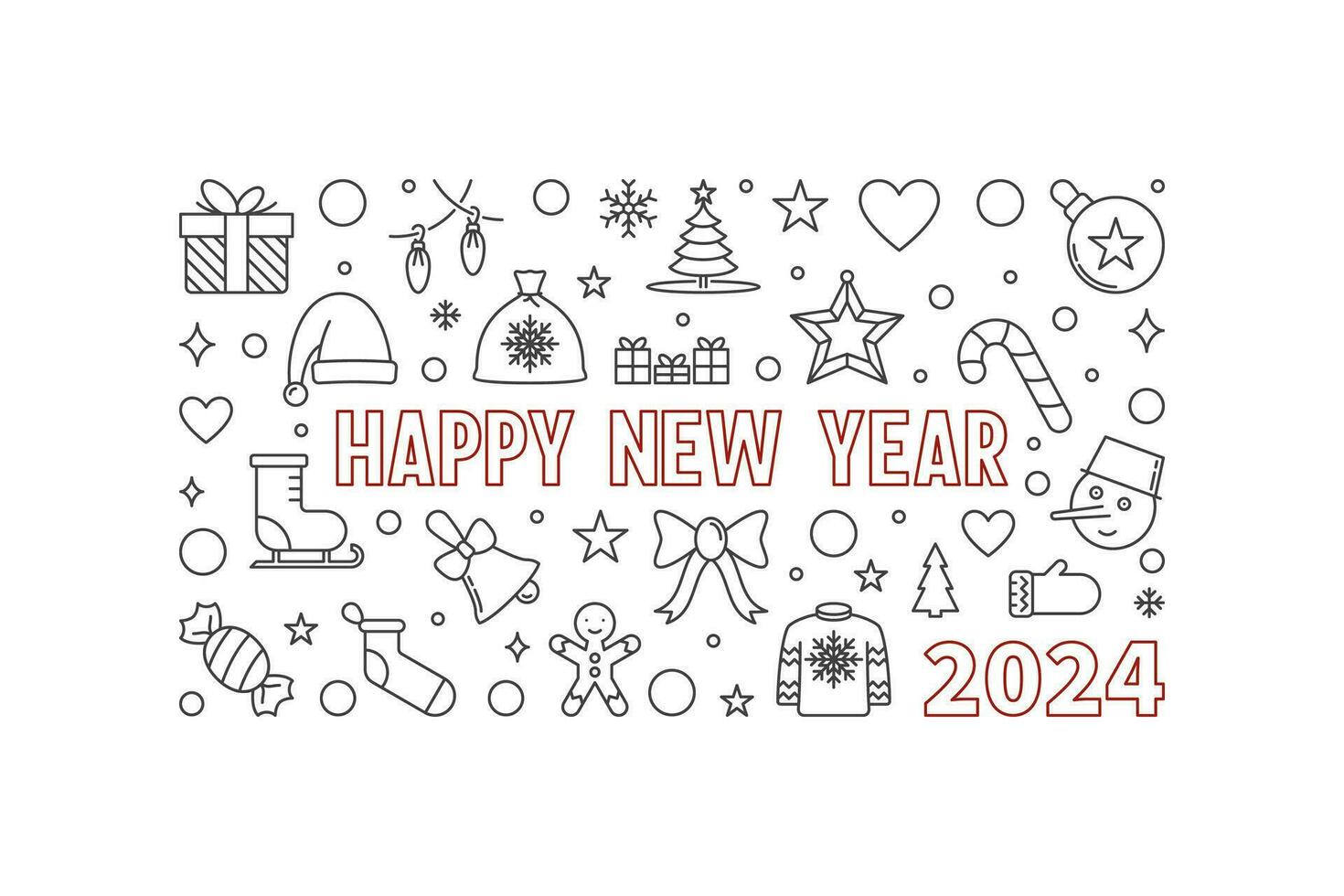 Happy New Year 2024 outline Greeting Card - vector Holidays horizontal illustration