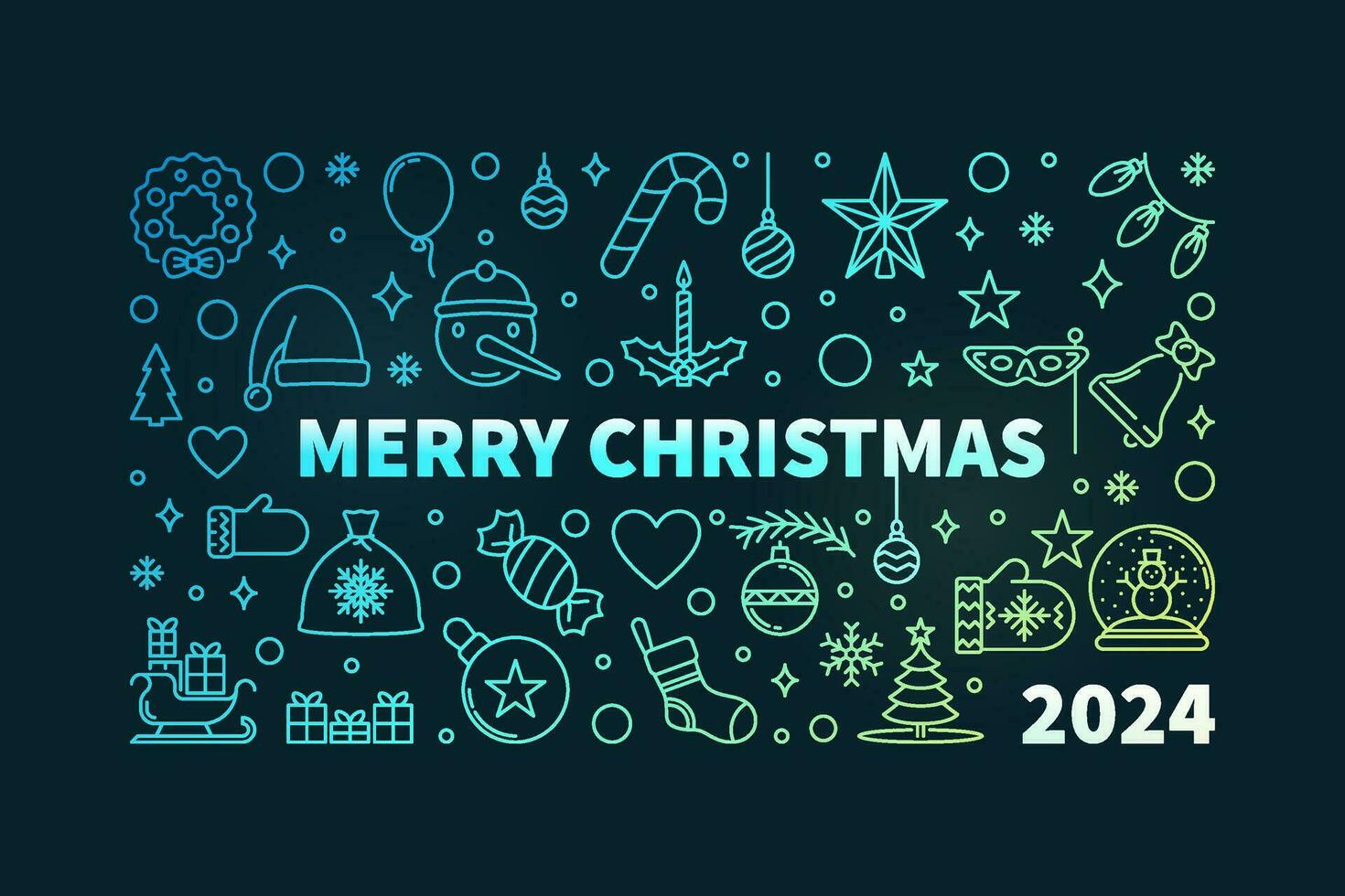 alegre Navidad de colores horizontal bandera en contorno estilo - vector 2024 Navidad concepto ilustración con oscuro antecedentes