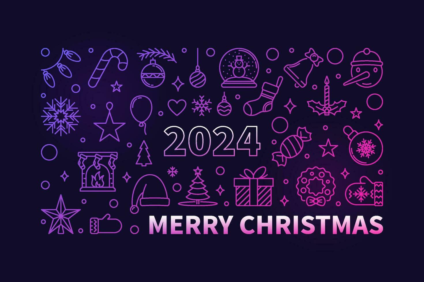 Merry Xmas colored outline banner - vector 2024 Christmas horizontal illustration