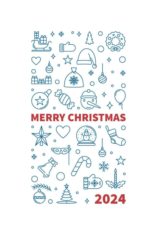 Merry Xmas 2024 thin line Banner - vector Christmas concept vertical illustration