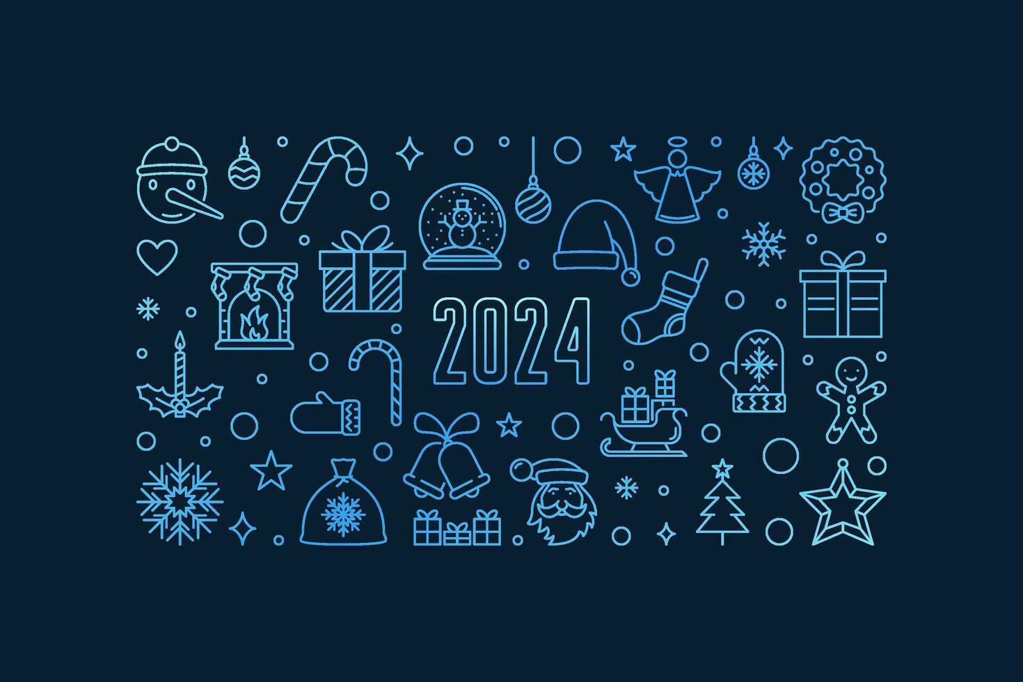 Xmas and New Year 2024 outline horizontal blue banner - vector Christmas Holidays illustration