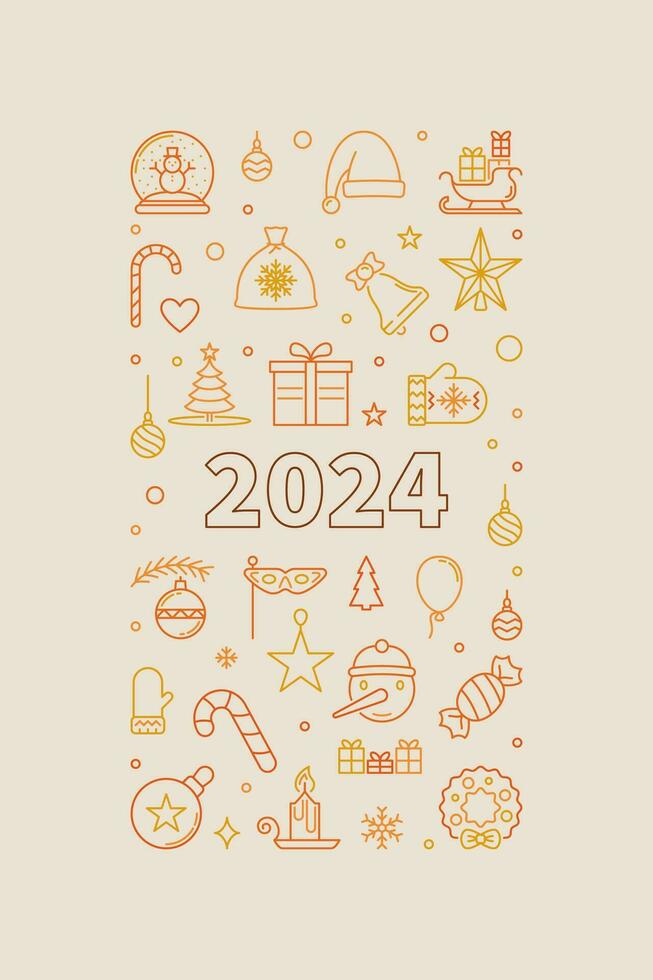 Merry Christmas and Happy 2024 New Year vector Winter Holidays concept thin line creative vertical Banner