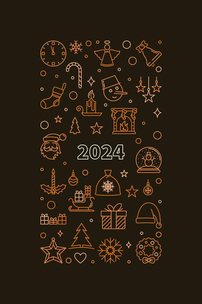 2024 Merry Christmas and Happy New Year vector outline vertical brown illustration