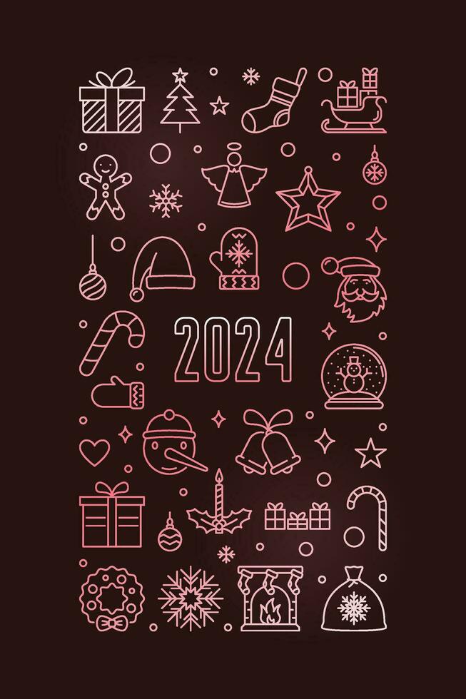 Xmas and New Year 2024 outline vertical colored banner - vector Christmas Holidays illustration or poster