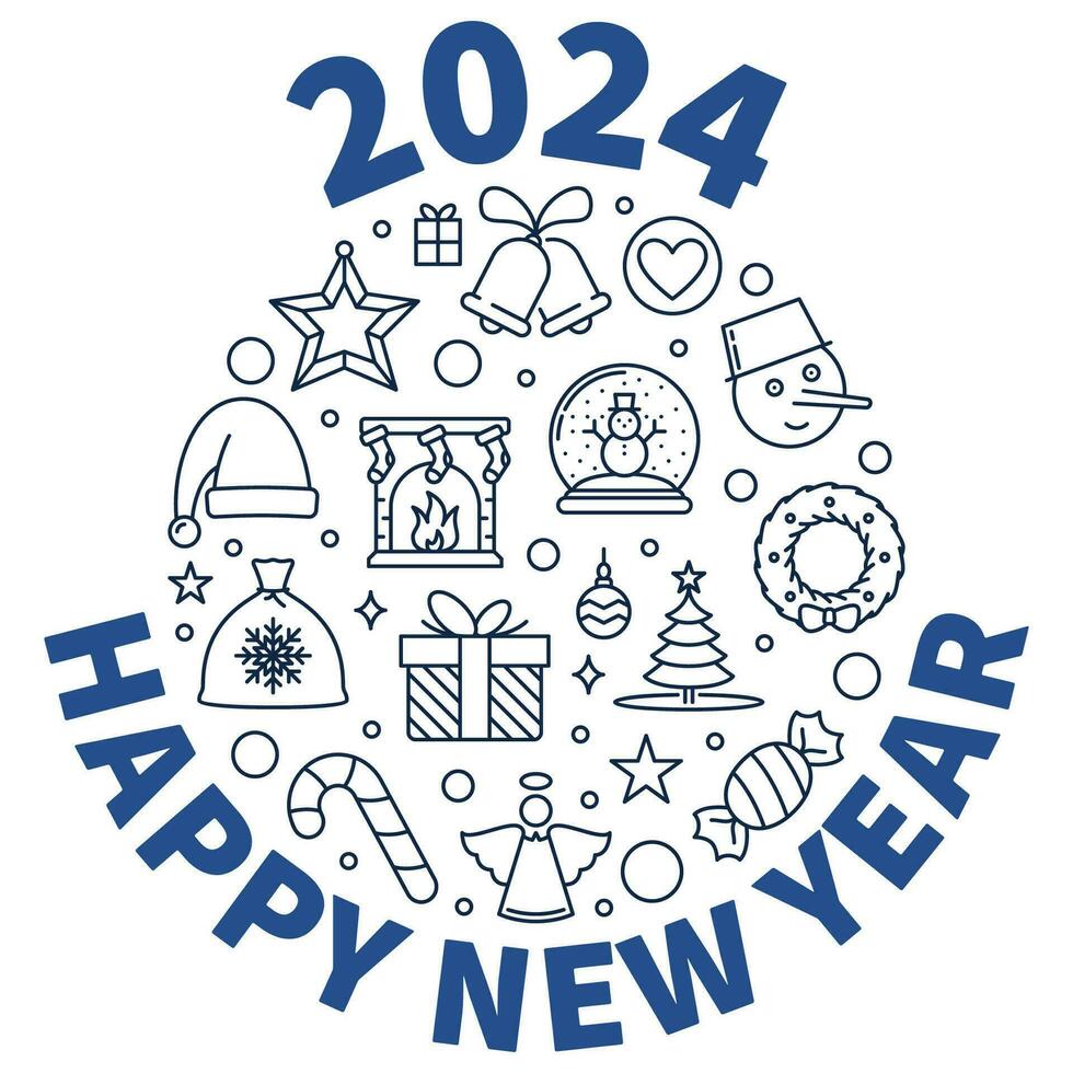 2024 Happy New Year thin line round vector banner. Merry Christmas illustration