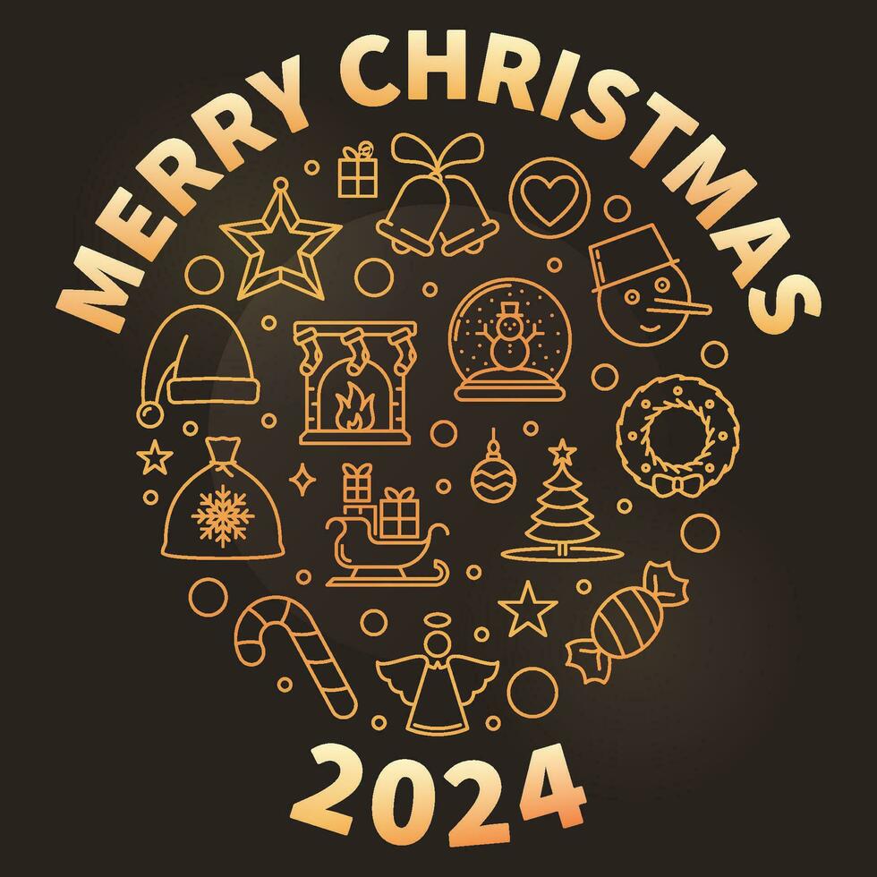 Merry Xmas round outline golden banner - vector 2024 Year thin line illustration