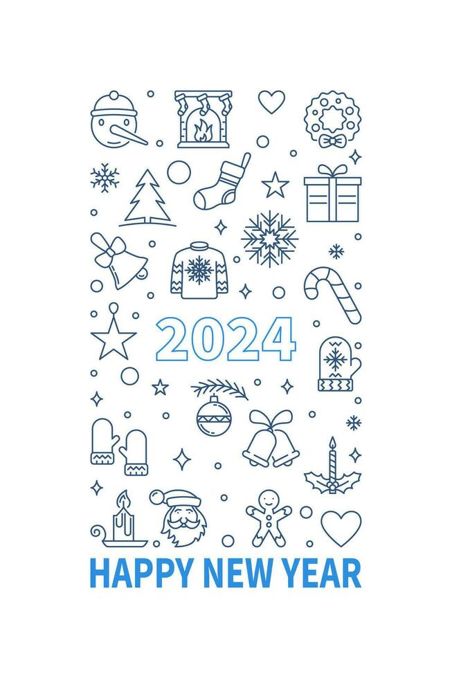 contento nuevo año 2024 contorno saludo tarjeta o bandera - vector vertical ilustración