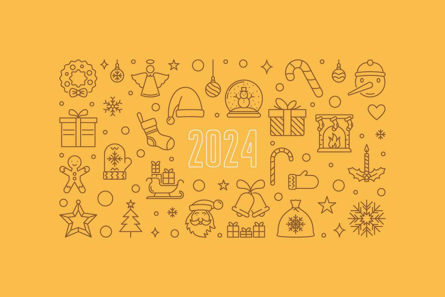 2024 New Year and Xmas thin line horizontal yellow banner - vector Merry Christmas illustration