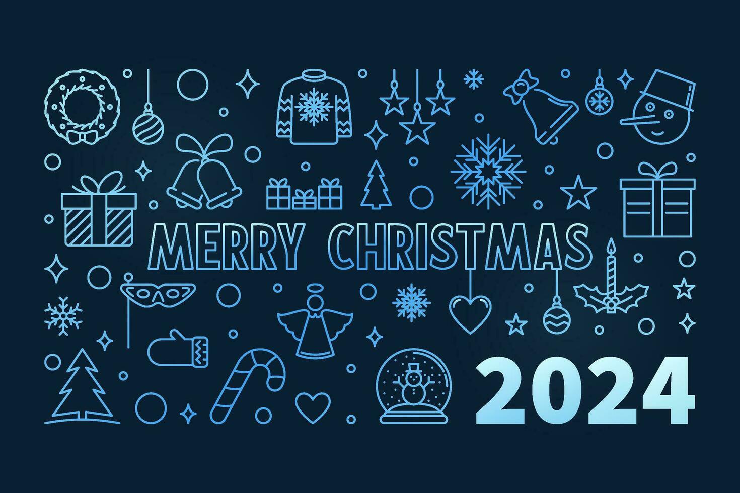 2024 Xmas colorful poster or banner in outline style - vector Merry Christmas blue horizontal illustration