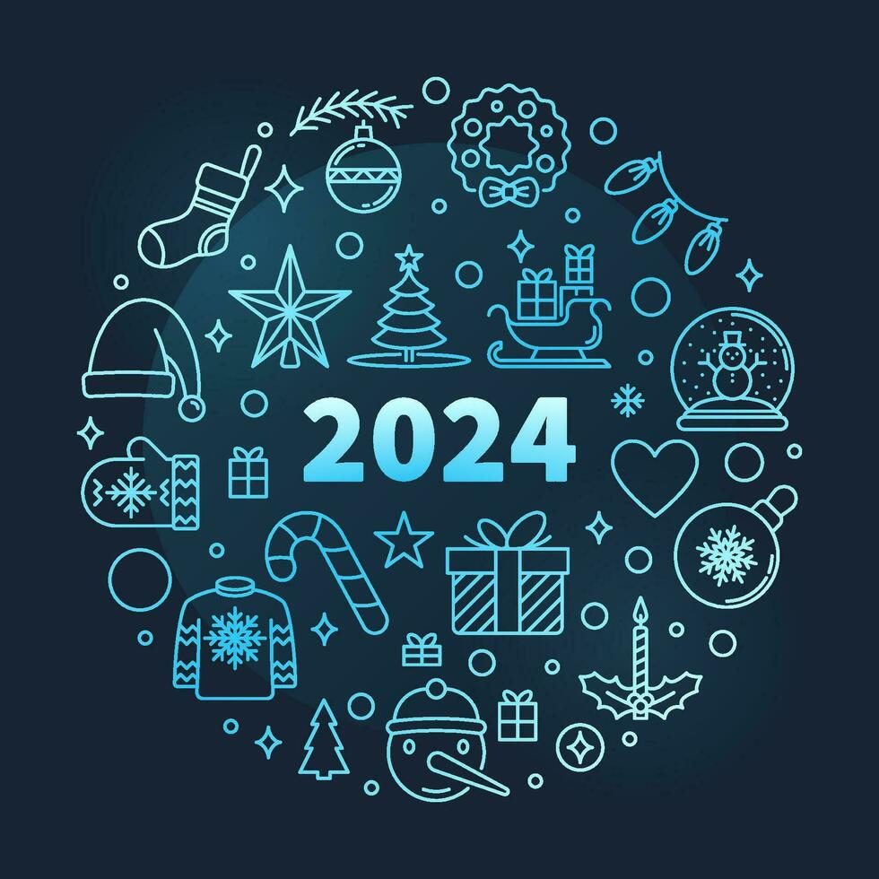 Merry Xmas 2024 blue vector round Banner in line style. Happy New Year illustration