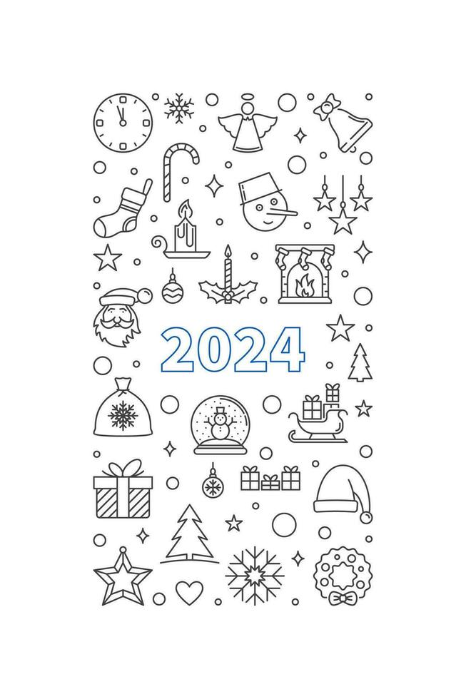 2024 Merry Christmas and Happy New Year outline vertical banner - vector Xmas illustration