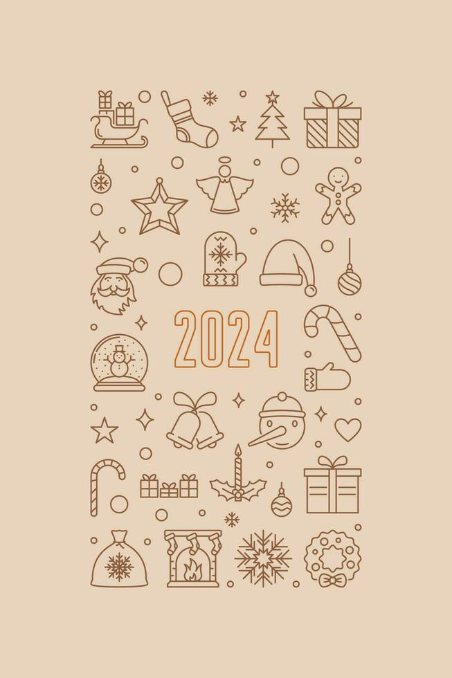 2024 New Year and Xmas thin line vertical banner - vector Merry Christmas poster