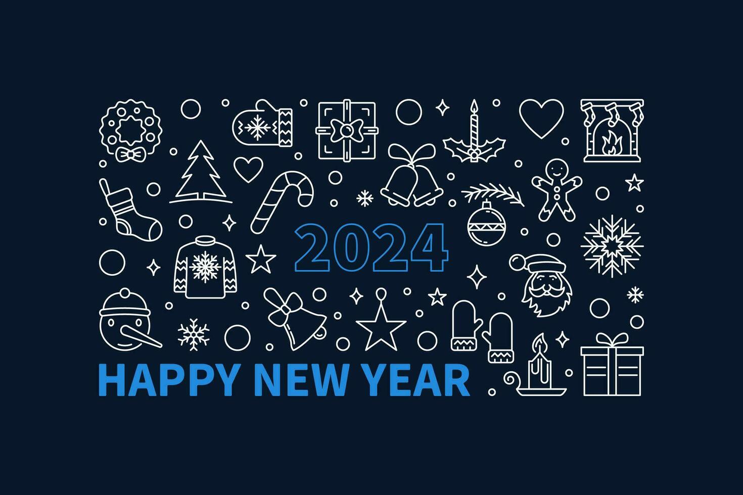 Happy New Year 2024 Greeting Card or Banner - vector outline horizontal illustration