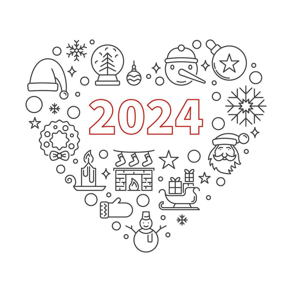2024 Happy New Year outline heart shaped banner - vector Xmas Heart illustration