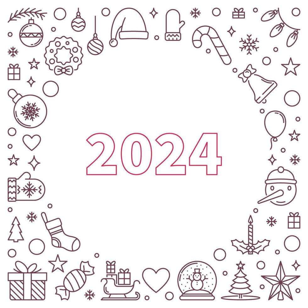 Merry Christmas and Happy 2024 New Year vector thin line square shaped Banner