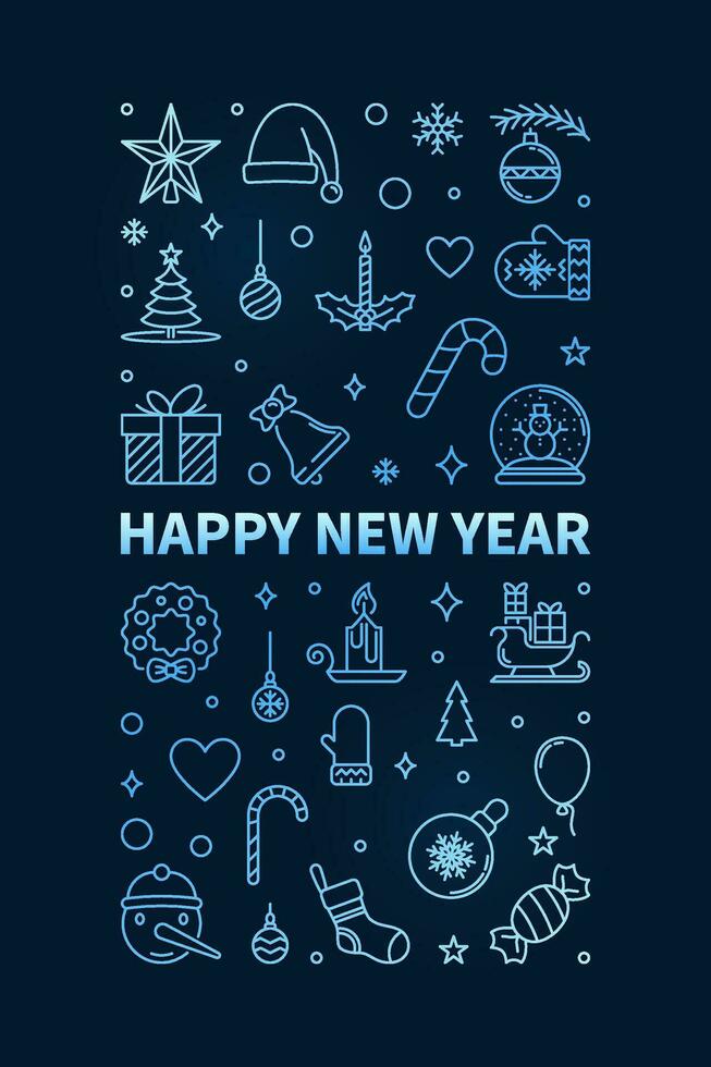 Happy 2024 New Year concept vector thin line vertical blue Greeting Card
