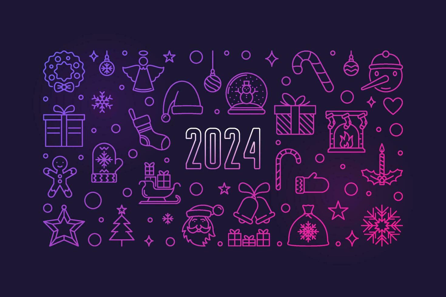 New Year 2024 outline colored banner - vector Xmas horizontal illustration or Christmas poster