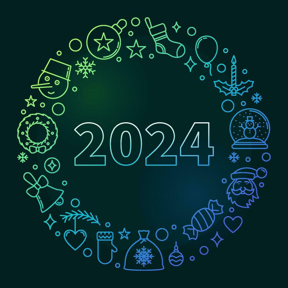 Merry Christmas colored round line Banner - vector Happy New 2024 Year illustration with dark background
