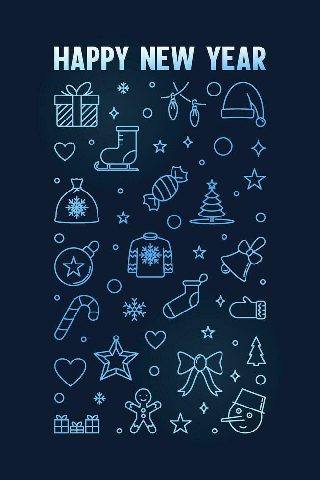 Happy New 2024 Year colored vertical Banner in line style - vector blue illustration