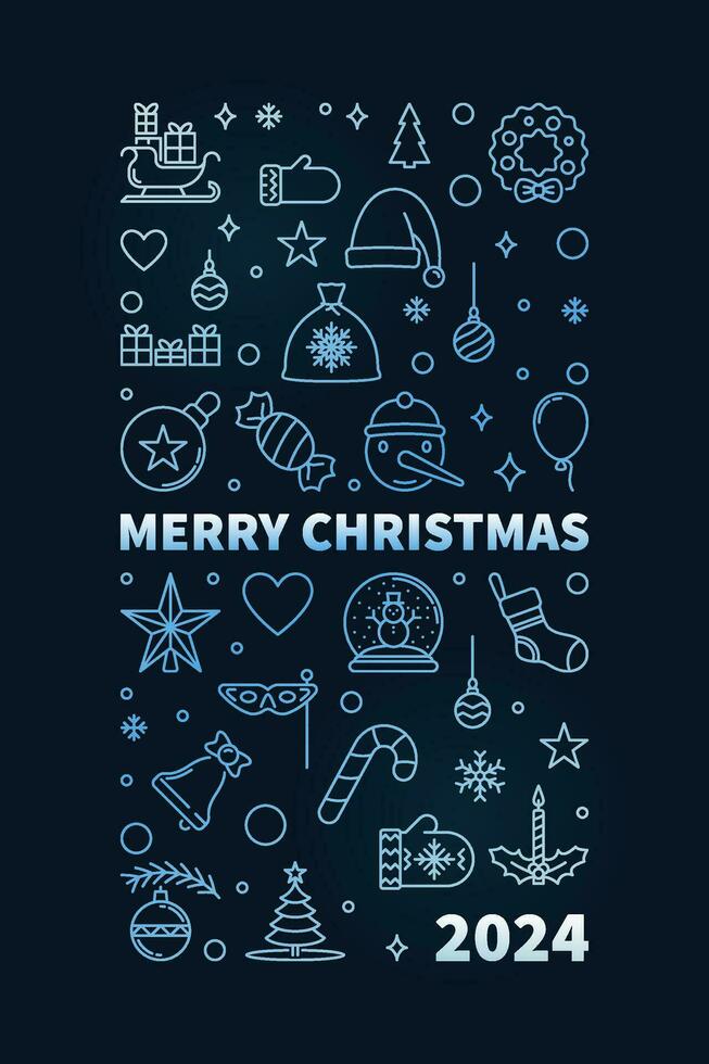 Merry Christmas blue vertical Banner in outline style - vector 2024 Xmas concept illustration