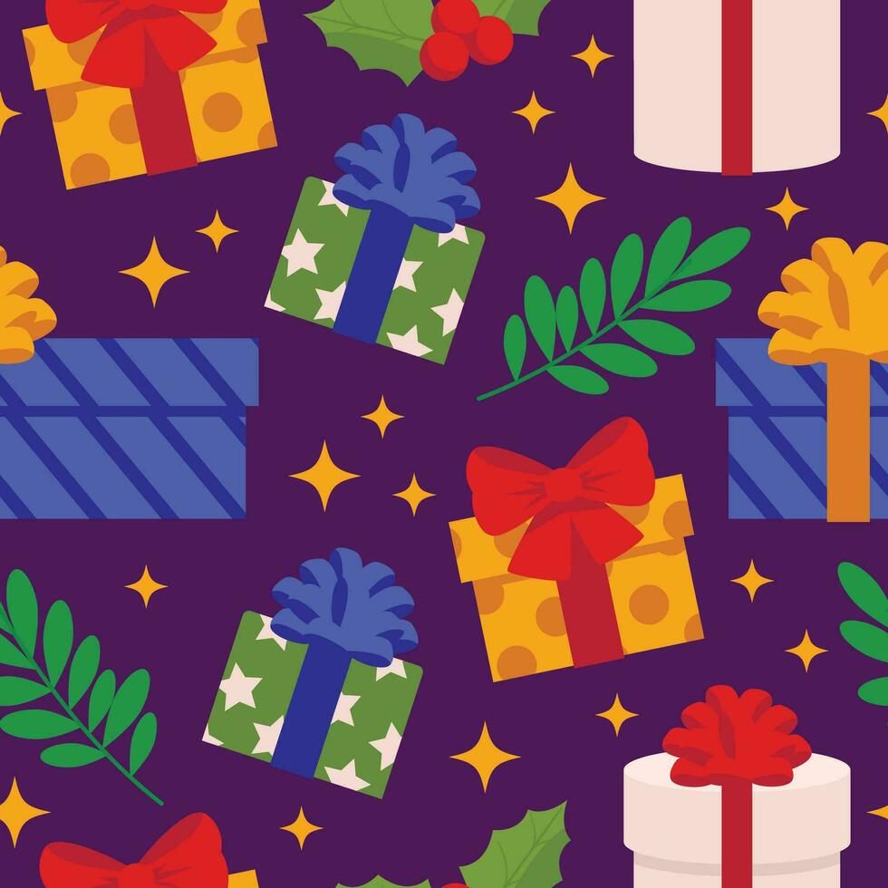 Seamless pattern with gifts, leaves and holly. Vector graphic.