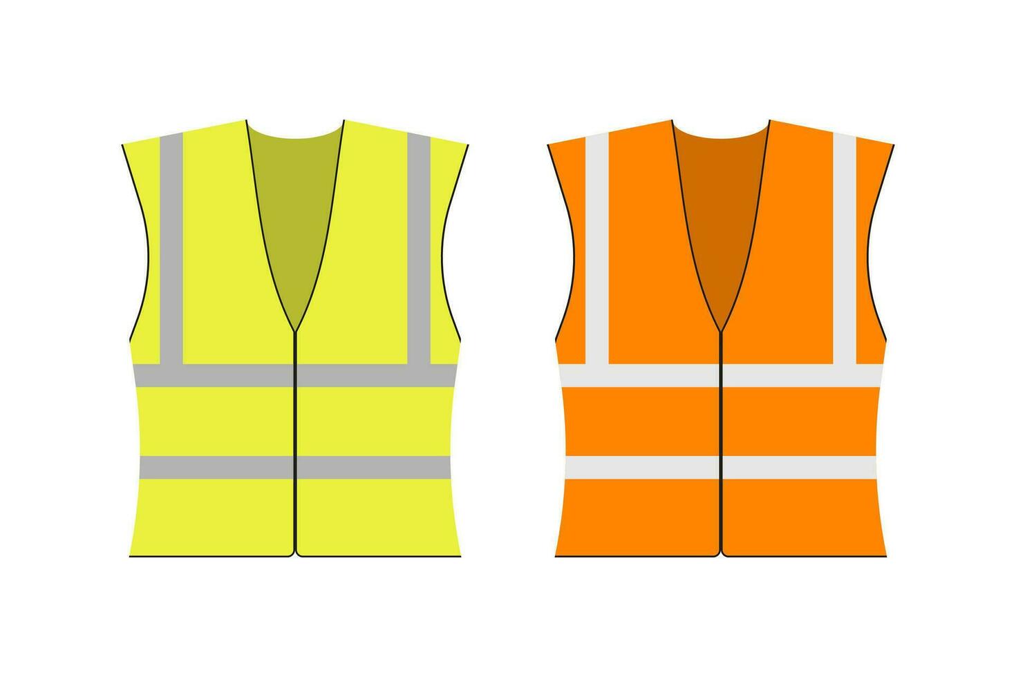 Safety jacket security. Set of yellow and orange work uniform with reflective stripes. Vector stock illustration