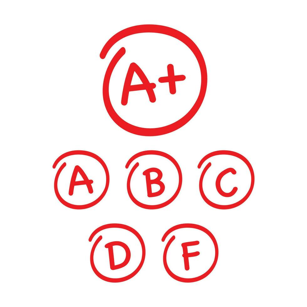 Grade results set. Hand drawn vector grade in red circle. Vector illustration