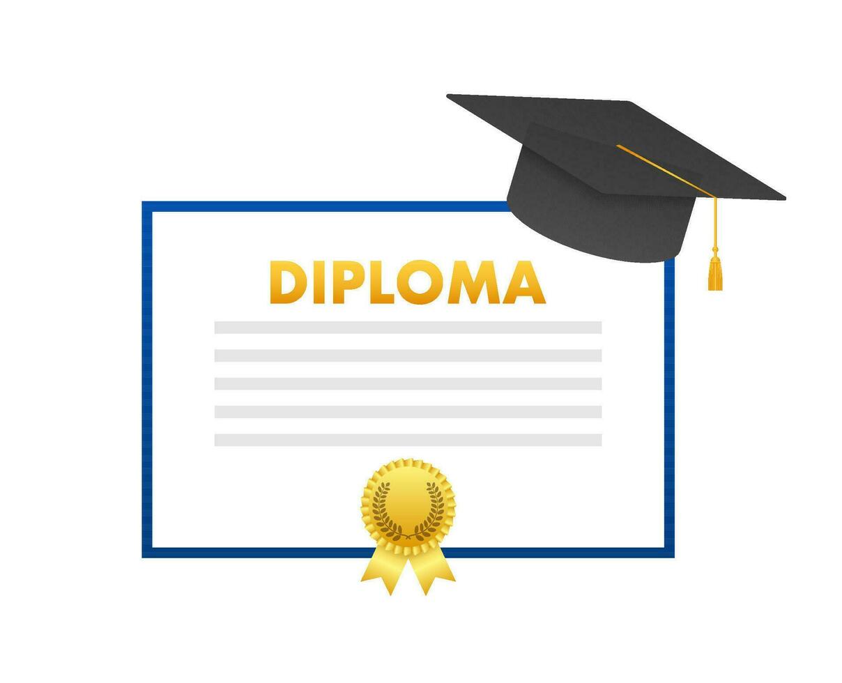 Graduation cap and diploma. Graduational day celebration element. Vector stock illustration