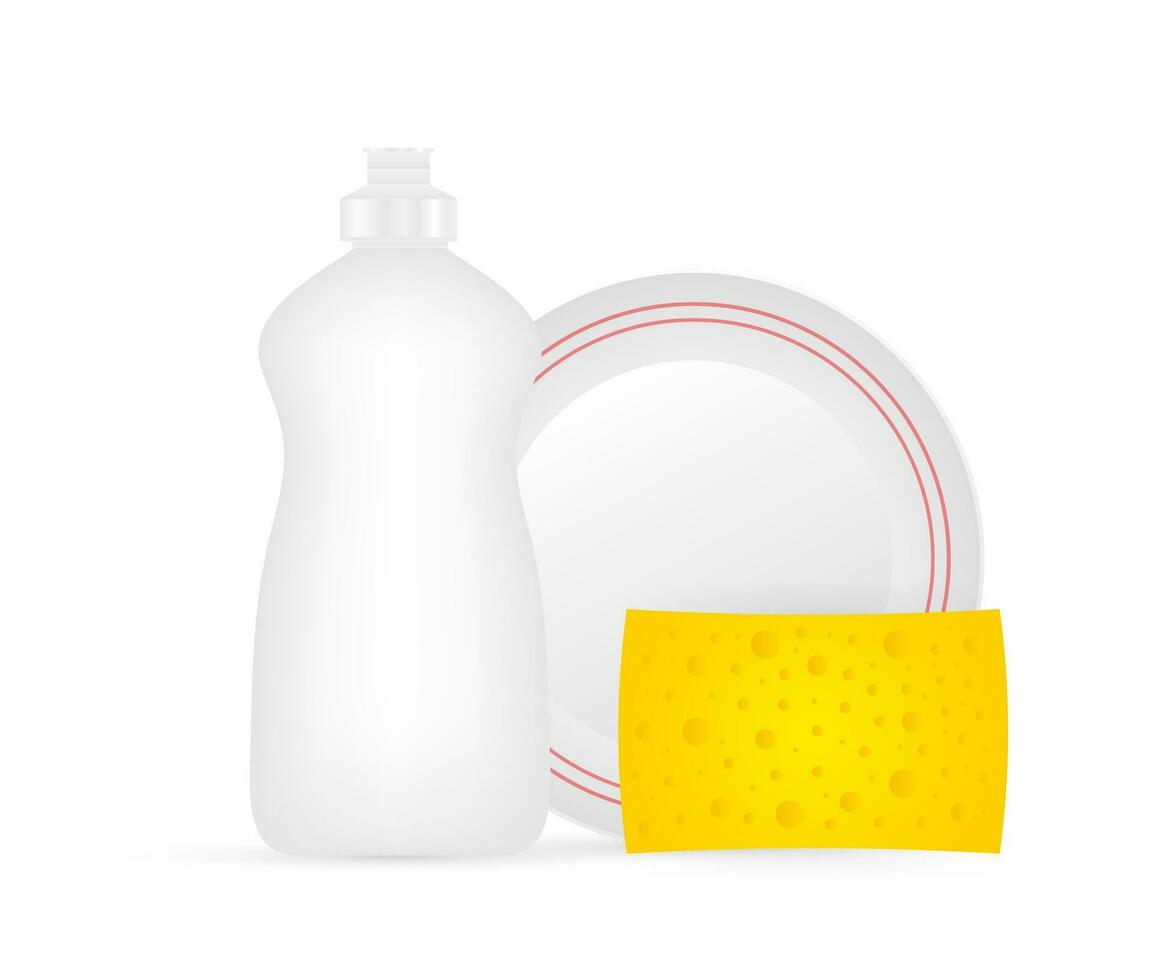 Dishwashing, washing dishes. Dishwashing liquid, dishes and yellow sponge. Vector stock illustration.