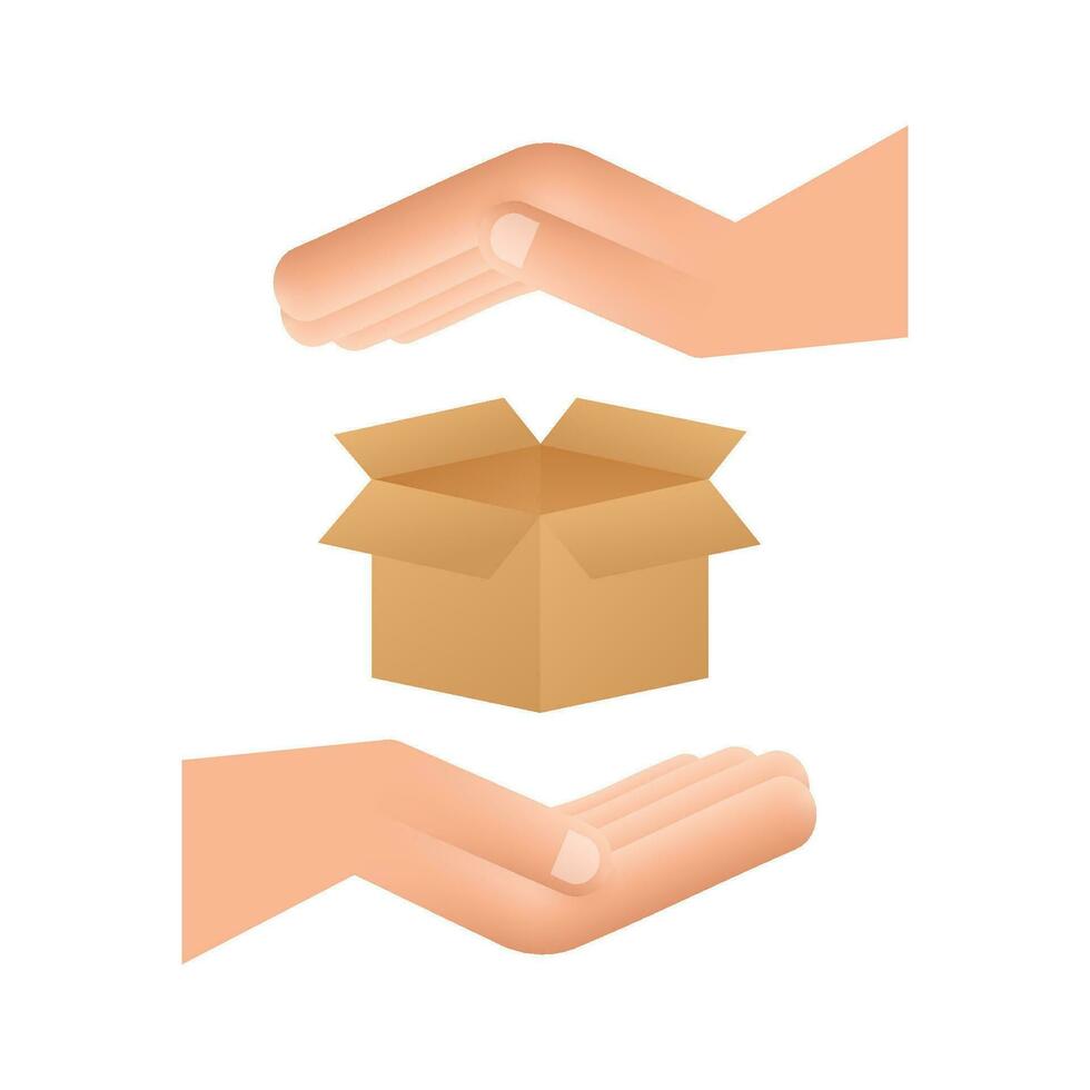 Carton parcel open box in hands. Shipping delivery symbol. Gift box icon. Vector stock illustration