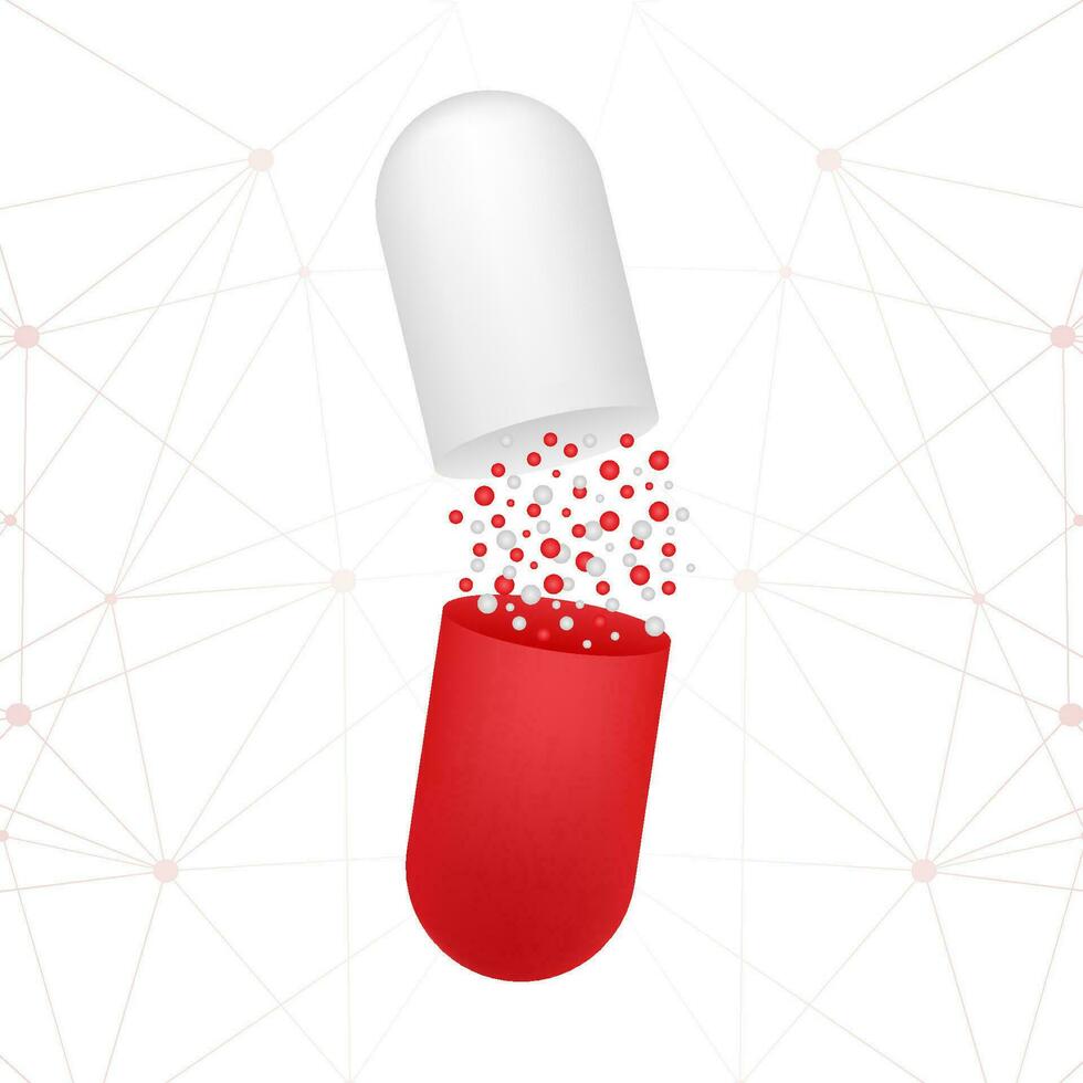 Capsule pill. Small balls pouring from an open medical capsule. Vector illustration.