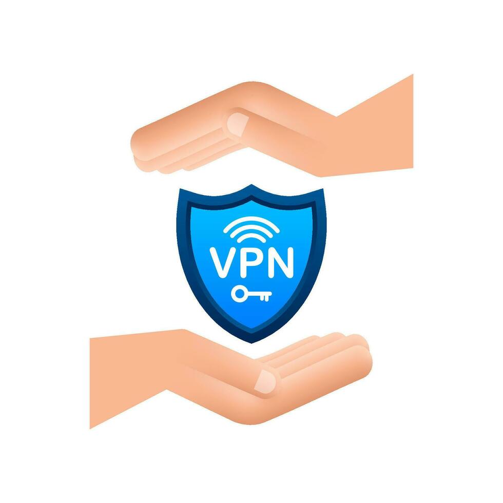 Secure VPN connection concept with hands. Hnads holding vpn sign. Virtual private network connectivity overview. Vector stock illustration