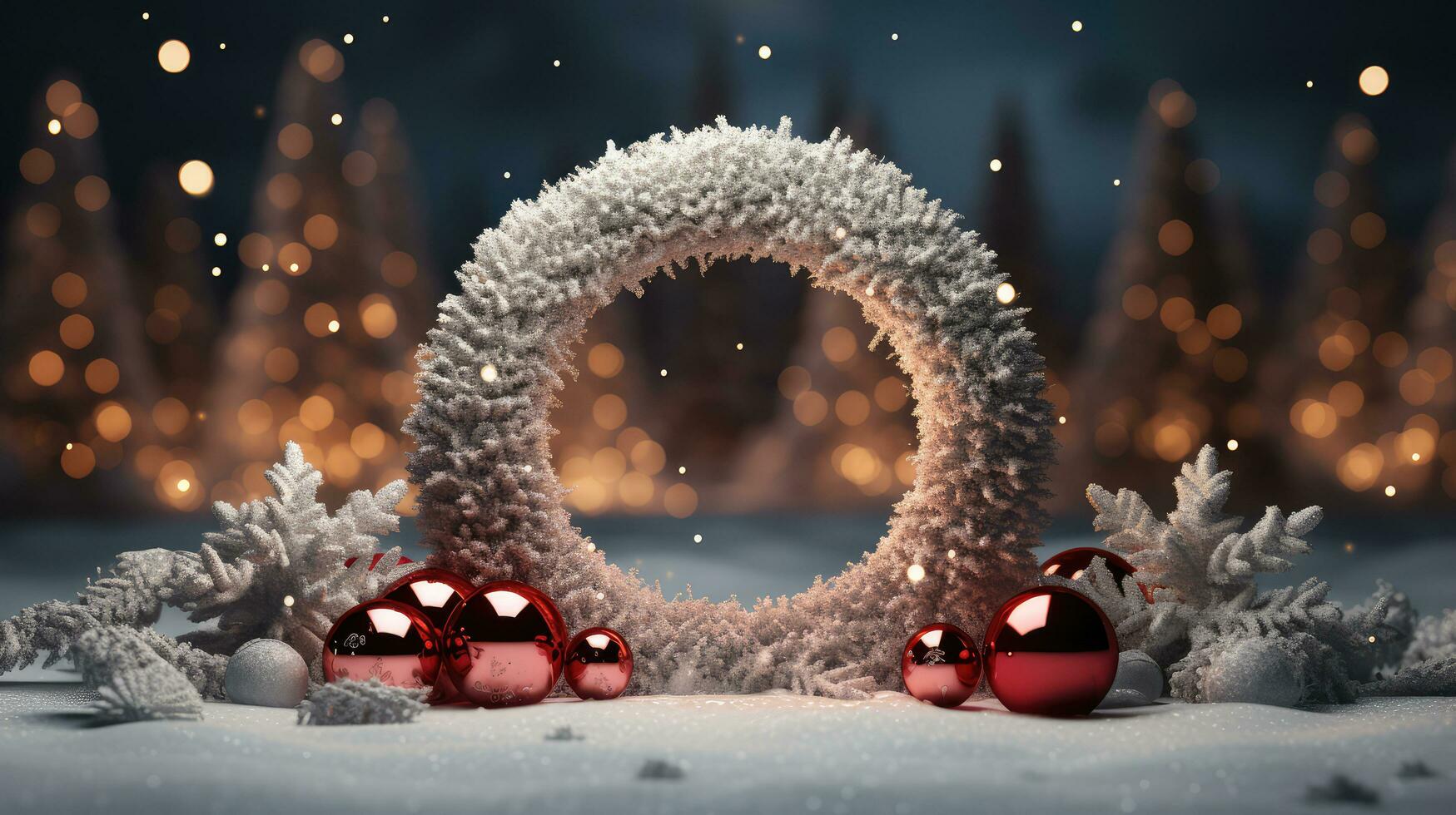 Christmas background with wreath red baubles in snow photo