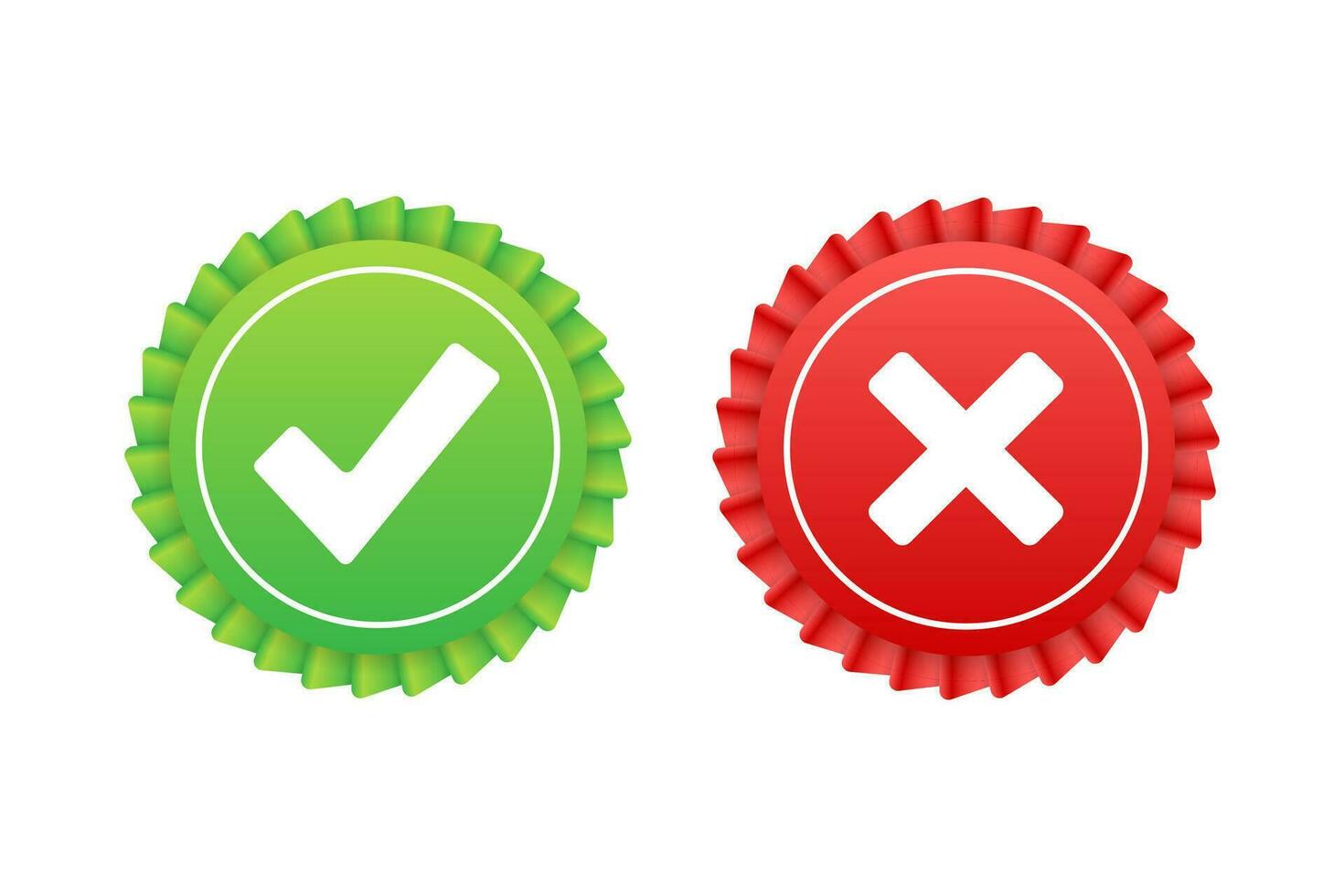 Tick and cross signs. Green checkmark OK and red X icon. Symbols YES and NO button for vote. Vector stock illustration.