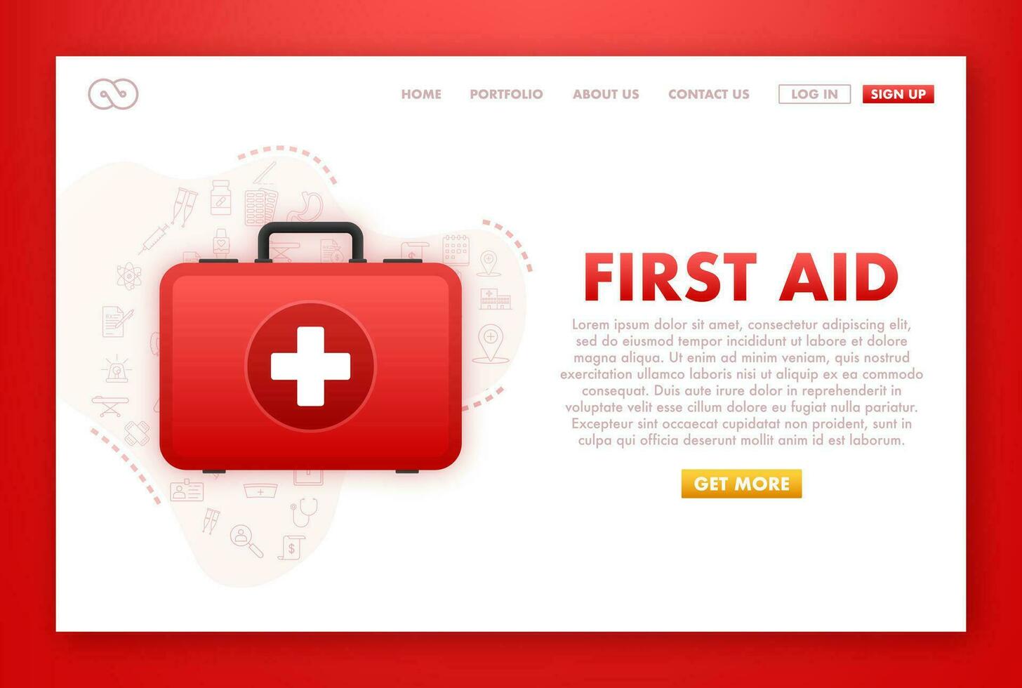 Cartoon icon with red first aid on white background for medical design. Flat vector illustration.